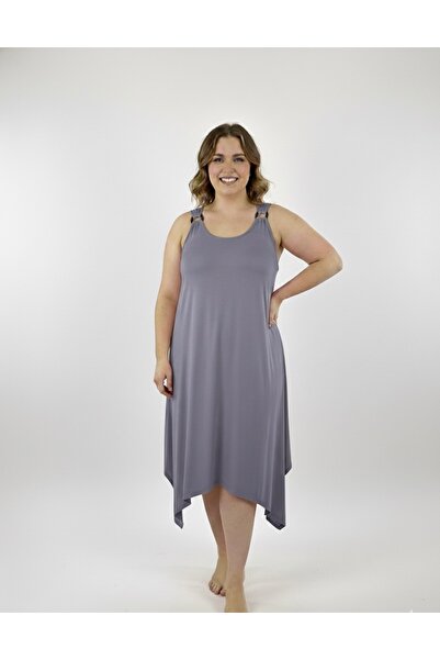 Cancanlı Kumaşçılık Plus Size Cotton Combed Dark Ash Lilac Color Dress