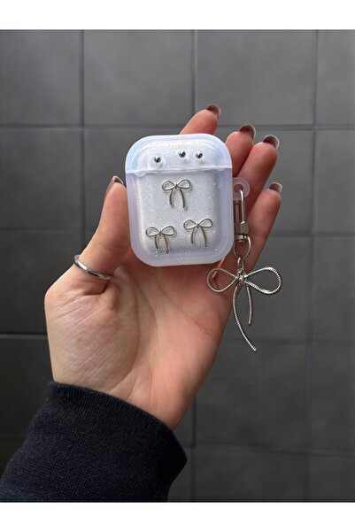 KVK PRİVACY AirPods 1 ve 2 Nesil Uyumlu Simli 3D Fiyonk Desenli Anahtarlıklı ...