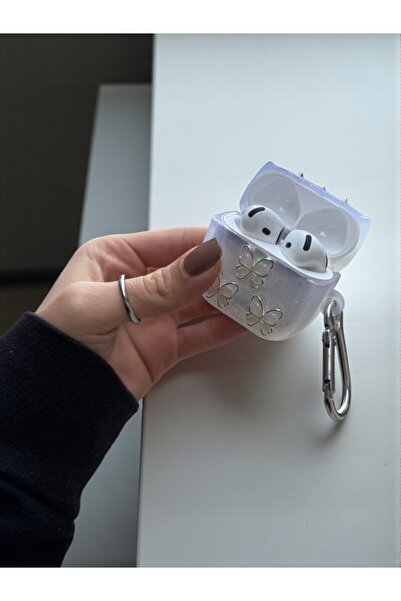 KVK PRİVACY غطاء سماعات أيربودز الجيل الرابع متوافق مع الفراشة اللؤلؤية ثلاثية الأبعاد اللامعة، مع سلسلة مفاتيح