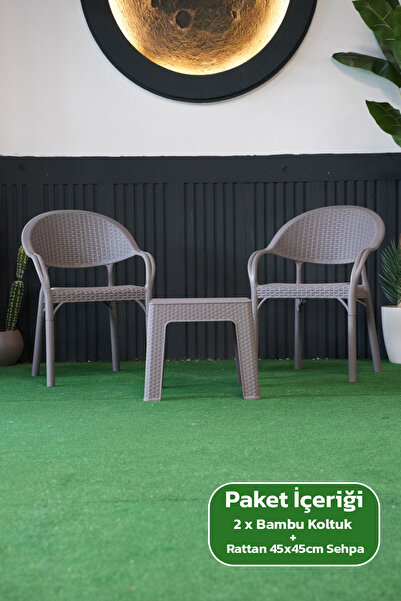Alezy Bambu Plastik Rattan Görünümlü Sehpalı Set 2 Adet Koltuk + 45 cm Sehpal...