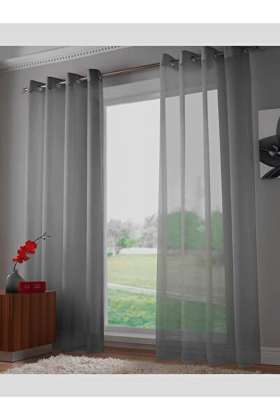 Bercem Home Rustic Tulle Curtain - Anthracite Gray - Eyelet Curtain