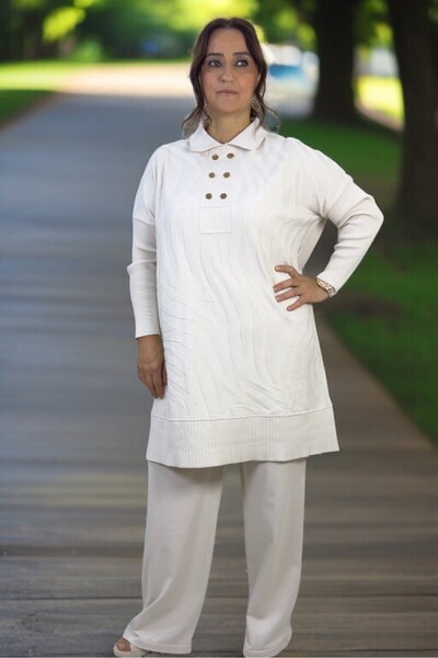 yagmurberen Gold Button Detail Polo Neck Tunic Elastic Waist Pants Plus Size Mercherized Suit