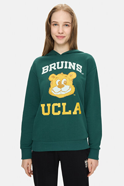 UCLA Eartha Dark Green Hooded Printed Loose Fit Women's Sweatshirt
