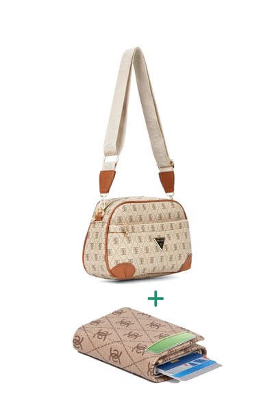 Eliza Monogram Patterned Long Strap Crossbody Shoulder Bag and Mechanized Wallet Card Holder - Beige - Beige
