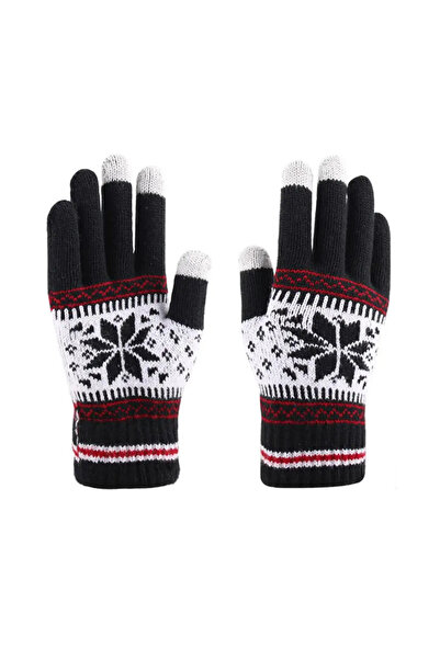 zola Warm winter gloves, knitted, unisex, black/white, flake pattern, 3 fingers for phone use, universal