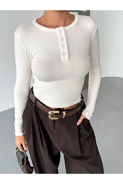 BEJNA Women's Ecru Buttoned Modal Textured Blouse