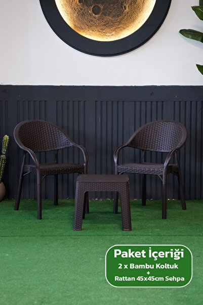 Alezy Bambu Rattan Görünümlü Sehpalı Set 2 Adet Koltuk + 45 cm Sehpalı Sandal...