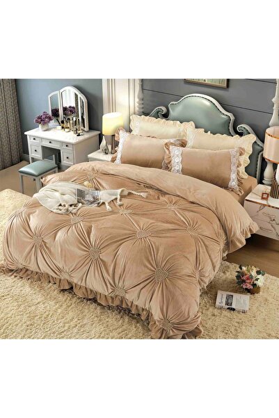 JOJO HOME Velvet bedding set, with embroidered pleats, 4 pieces, 230x250cm, Beige
