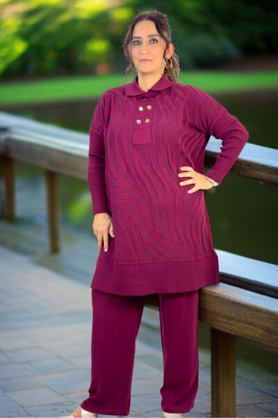 yagmurberen Gold Button Detail Polo Neck Tunic Elastic Waist Pants Plus Size Mercherized Suit