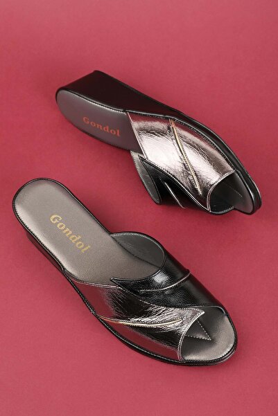 Gondol Papuci de casă eleganti din piele naturală Blc.17 Negru-Platină