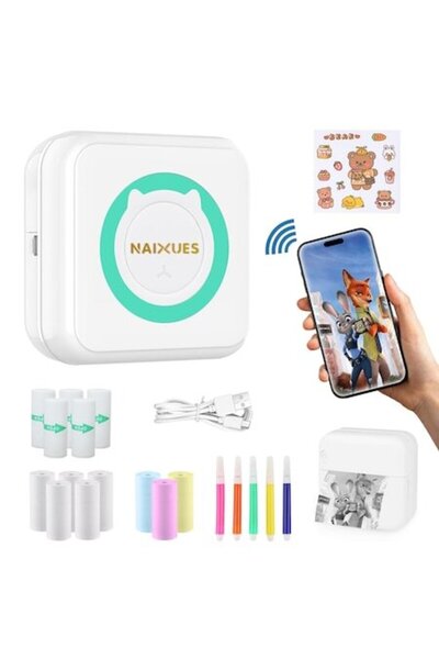 NAIXUES Mini Portable Thermal Printer, Bluetooth, iOS/Android, 1000mAh, Includes paper & pens