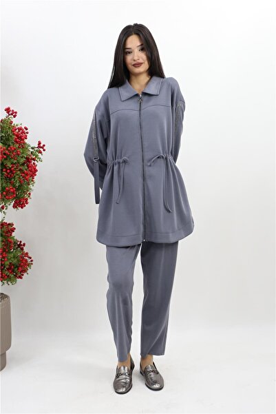 Armine Kolları Taş Detaylı Pantolonlu Modal Takım - Antrasit