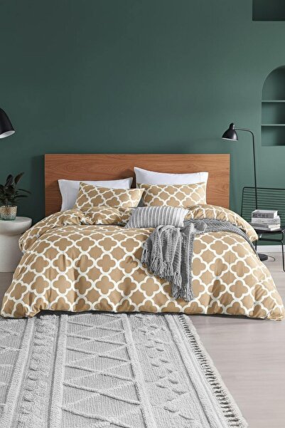 Perotti Honeycomb Beige Ranforce 100% Cotton Single Duvet Cover Set with Elastic Fitted Sheet