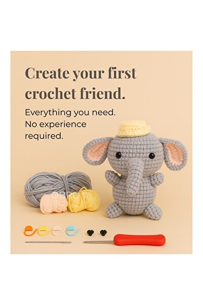 OBRO Kit de croșetat DIY – Elefant de pluș pentru începători, set complet OBR...
