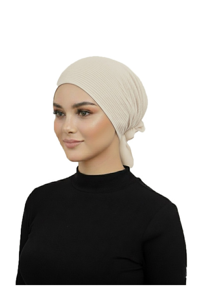 elysianfidan Luxury Pleated Beige Ready-To-Wear Turban Hijab with Chiffon Flower Detail on the Back