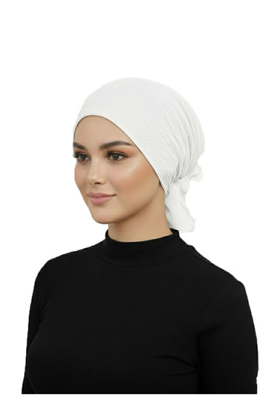 elysianfidan Luxury Pleated Ecru Ready-To-Wear Turban Hijab with Chiffon Floral Detail on the Back