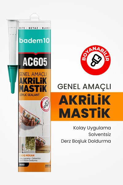 Badem10 Beyaz Renkli AC605 Boyanabilir Genel Amaçlı Solventsiz Kolay Uygulanır Akrilik Mastik 500 gr