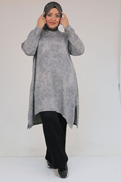 Eslina 58163 Plus Size Skirt Symmetry Cut Batik Tunic - Gray