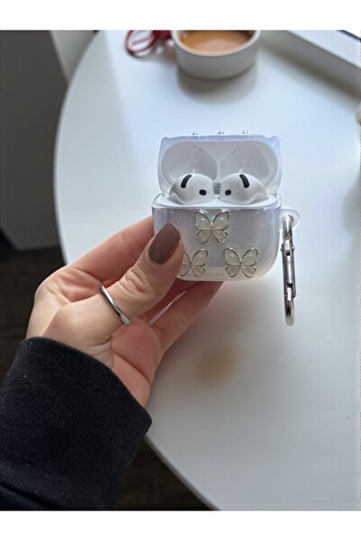 KVK PRİVACY غطاء سماعات أيربودز الجيل الرابع متوافق مع الفراشة اللؤلؤية ثلاثية الأبعاد اللامعة، مع سلسلة مفاتيح