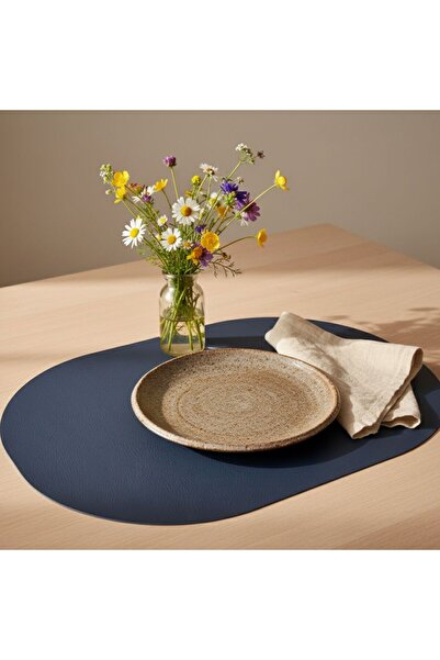 Grand Fine Art 6 Kişilik 12 Parça Lacivert Tam Oval Deri Amerikan Servis Supla 33x44 cm-Kolay Silinir Supla