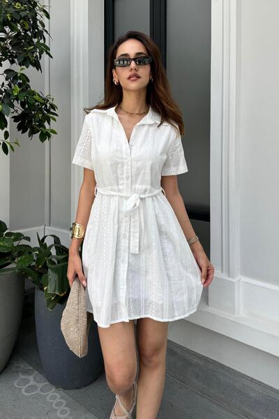 Nazliye Beyaz Güpürlü Mini Gömlek Elbise