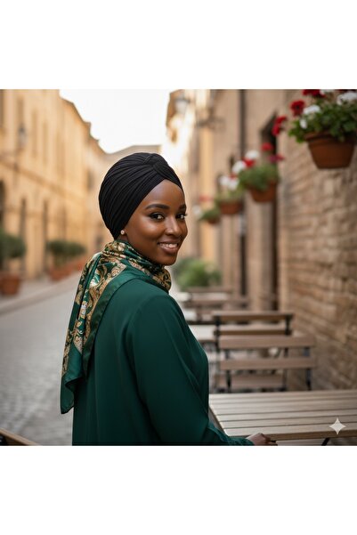 elysianfidan Agraf Pleated Black Ready-To-Wear Turban Hijab Bonnet