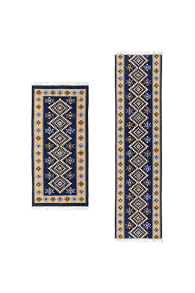 OEM 1+1 Traditional Rugs 80x125cm + 60x90cm Blue and Cream, ROMB Pattern