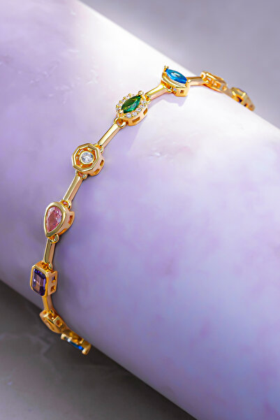 OSMANLI GÜMÜŞ Kadın Renkli Taşlı Altın Kaplama Zarif 925 Ayar Gümüş Bileklik