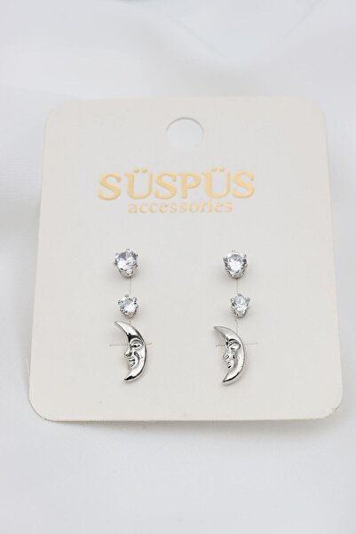 LA PERRY ACCESSORIES 6-Piece Single Jewelled Silver Earrings with Moon Figure