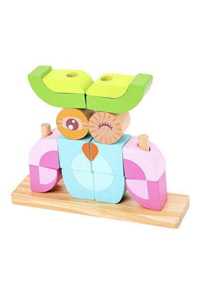 Krista Puzzle 3D cu 14 cuburi colorate pe tije, bufniță roz și albastră