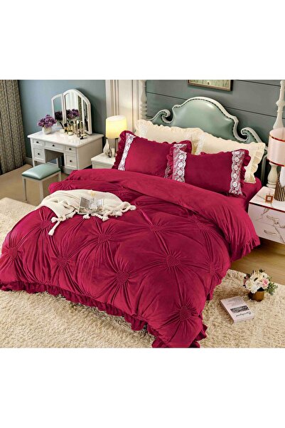 JOJO HOME Velvet bed linen set, with embroidered pleats, 4 pieces, 230x250cm, Red