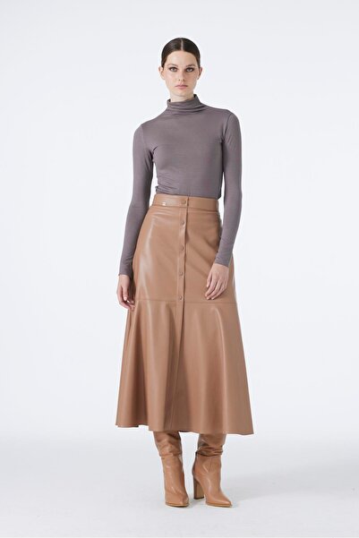 Zühre Button Look Camel Leather Skirt Etk-0194