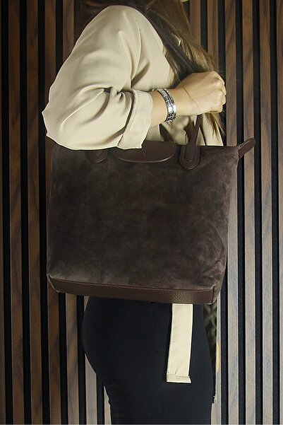 Erkan Saçmacı Brown Genuine Cowhide Suede Zippered Magnetic Closure Large Size Daily Shoulder Bag