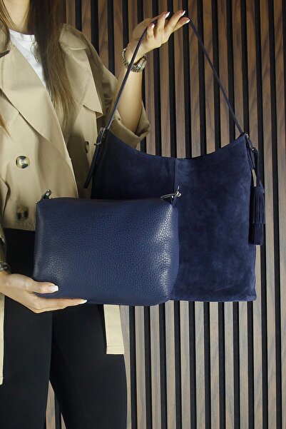 Erkan Saçmacı Синя натуральна шкіра з замшевими китицями, магнітна кришка, велика щоденна сумка через плече та ручна сумка