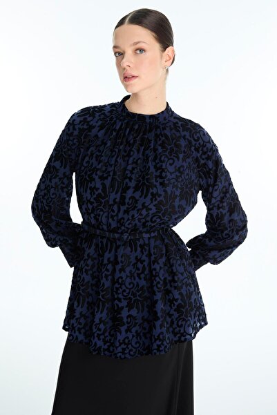 Zühre Patterned Balloon Sleeve Navy Blue Blouse B-0137