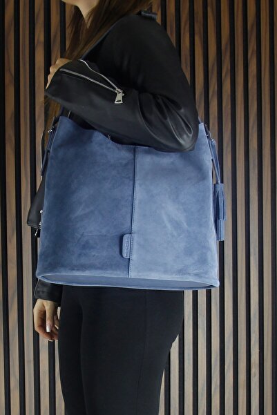 Erkan Saçmacı Синя натуральна шкіра, замша, з китицями, магнітна кришка, велика щоденна сумка через плече та ручна сумка