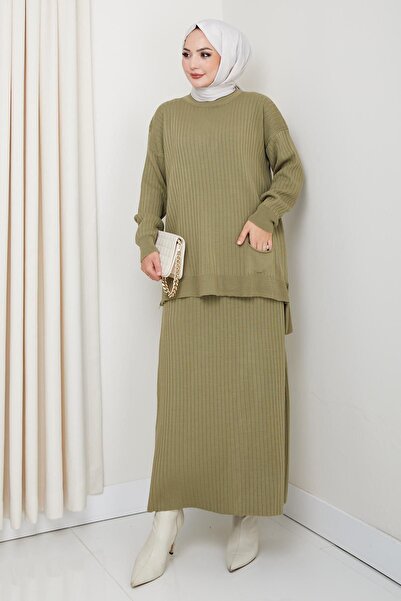 katalya Hijab Ribbed Textured Pocket Knitwear Set – Khaki