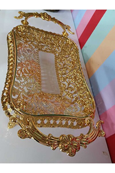 DEKOR ZÜCCACİYE HOME Gold Metal Rectangular Candy Dish with Glass Side Handles and Presentation Plate