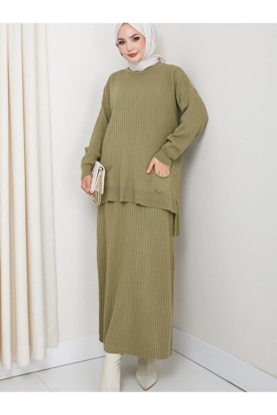 katalya Hijab Ribbed Textured Pocket Knitwear Set – Khaki