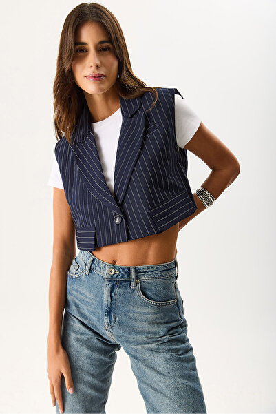 VENA Women's Oversized Striped Vest - Dark Blue-White