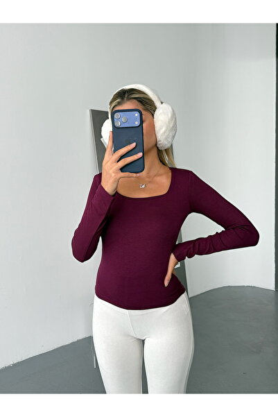 BEJNA Γυναικεία μπλούζα με τετράγωνο γιακά σε μπορντό χρώμα με υφή