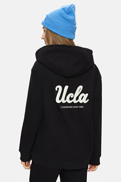 UCLA Esther Black Zippered and Pocketed Embroidered Loose Fit Women's Sweatshirt