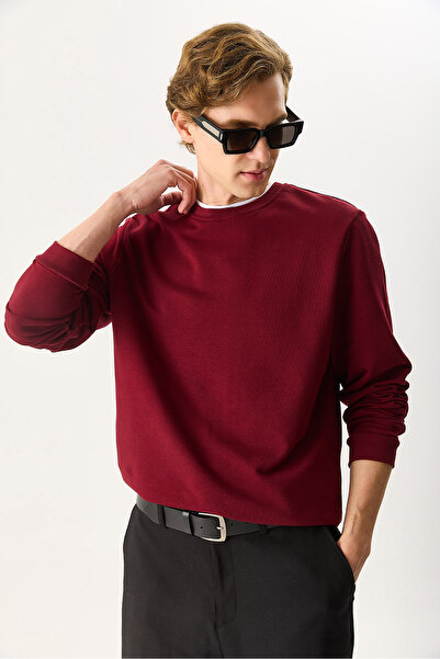 VENA Men's Rich Crew Neck Regular Fit 3 Thread Basic Sweatshirt 100% Cotton - Burgundy