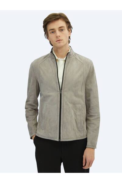 Kip Gray Regular Fit Mock Neck Smart Casual Double-Sided Leather Coat