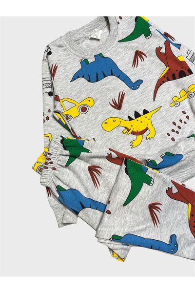 ALİŞ KİDS Boys' Cotton Fleece-Lined Gray Dinosaur Car Patterned Long Sleeve Winter Pajamas Set