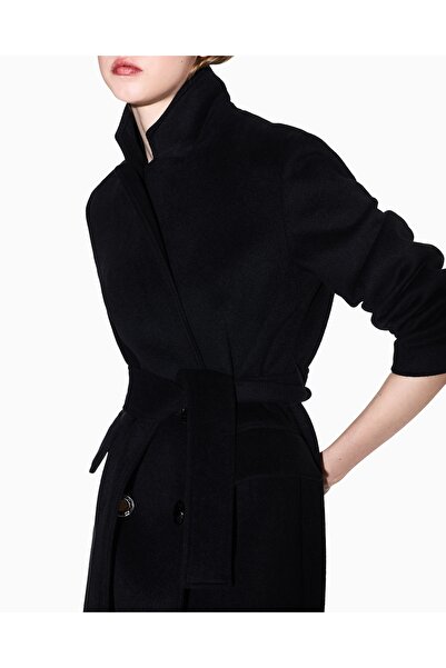 Armani Exchange Women's Single Button and Belted Double Button Closure Collared Flap Two Patch Pockets Black Coat Xw000691 a