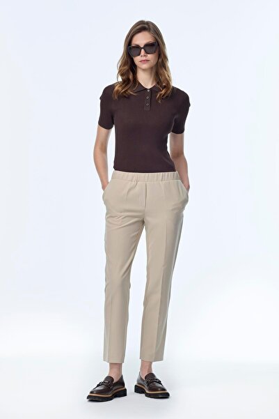 Zühre Narrow Leg Elastic Waist Mink Fabric Trousers P-0148