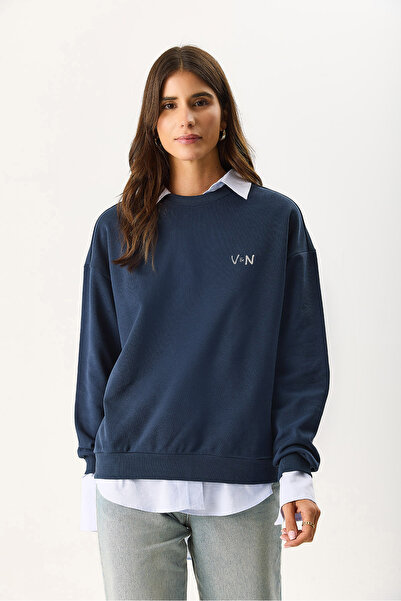 VENA Women's Good Wibes Printed Sweatshirt 100% Cotton - Navy Blue