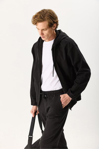 VENA Ανδρικό τζιν μπουφάν David Black με κουκούλα με φερμουάρ μπροστά - Μαύρο