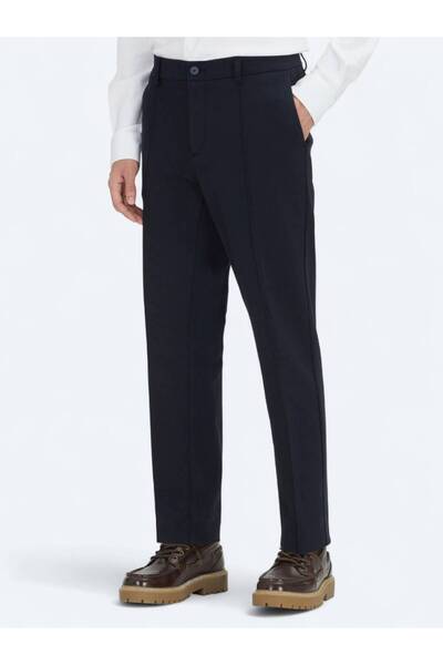 Kip Navy Blue Woven Jogging Fit Casual Cotton Blend Trousers